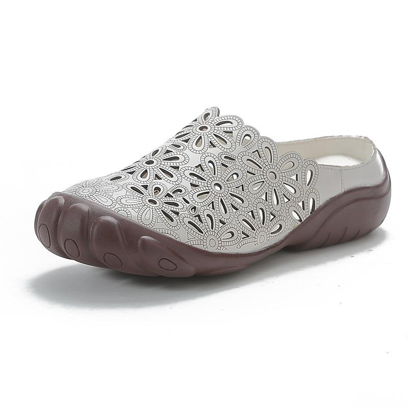 Summer new first-layer cowhide flat-bottom beef tendon sole women's shoes casual leather hollowed-out breathable slippers hole shoes