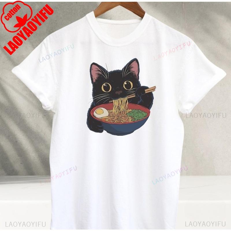 Ramen Cat TShirt Kawaii Anime Cat Japanese Foodies Graphic Tee Unisex Cotton Cute Cat Lover Shirt Harajuku Streetwear Y2K Top