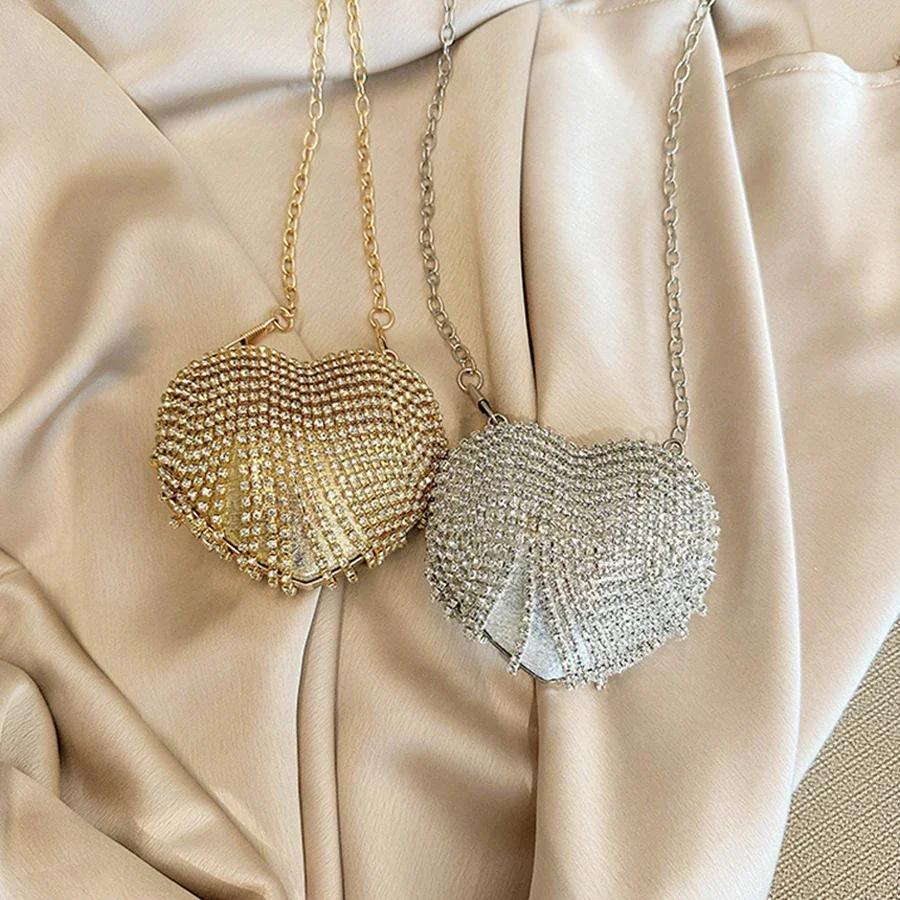 Fashion Full Diamond Tassel Dinner Bags for Women High Quality Heart Shaped Shoulder Bag  Designer Lipstick Bag Accessory Bag