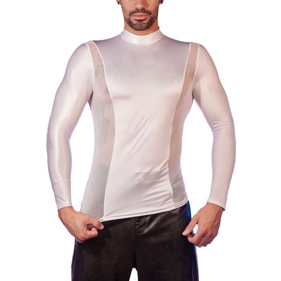 Men Sexy Mesh T-Shirt Oil Glossy Shiny Top Patchwork Tight-Fit Top Breathable Long Sleeve