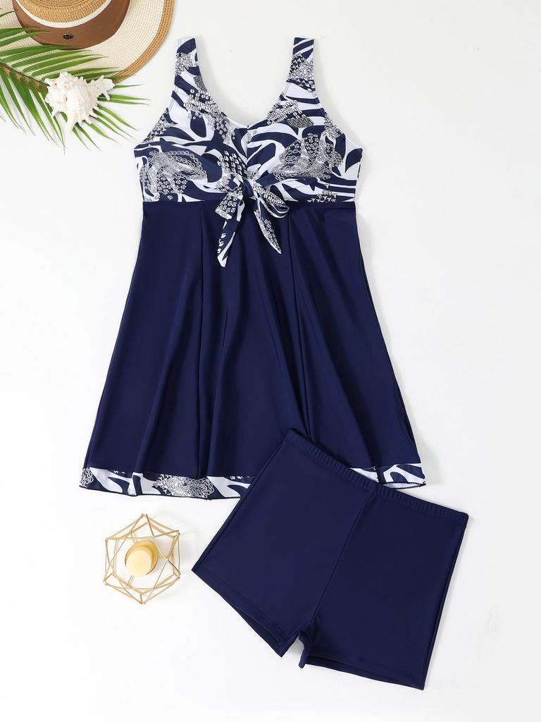European and American Style Printed Two-Piece Skirted Tankini with Boyshorts Women's Swimwear