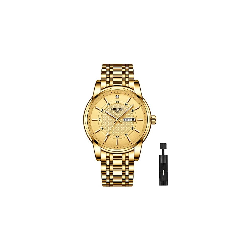 Nibosi Classic Men s Watch Gold Stainless Steel Analog Waterproof Casual with Date Display Metal Band