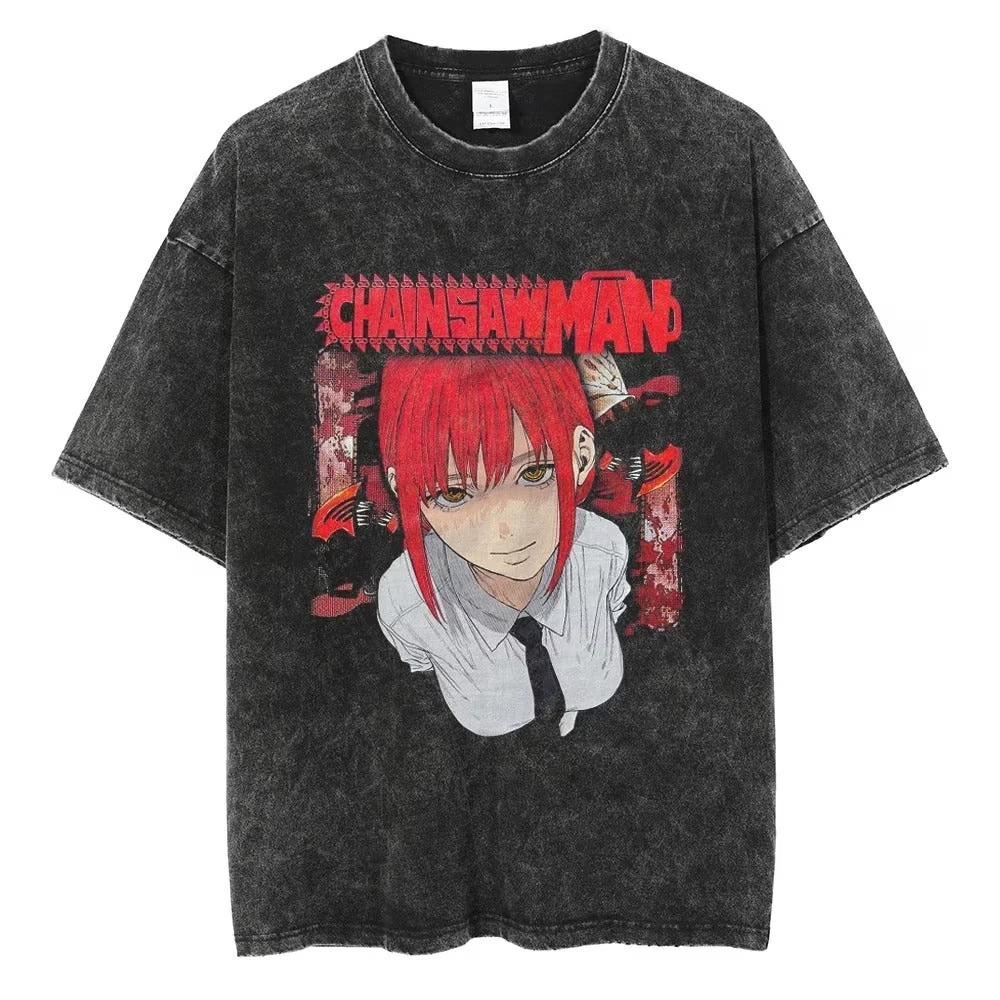 Kettensägenmann Power Blutdämon Anime T-Shirt 2026 Sommer Vintage Gewaschen Unisex Baumwolle Lockere Passform Kurzarm Streetwear Grafik
