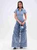 2025 European & American Women's Denim Jumpsuit: Short Sleeve, Lace-Up, Wide-Leg Jeans