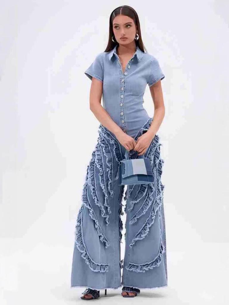 2025 European & American Women's Denim Jumpsuit: Short Sleeve, Lace-Up, Wide-Leg Jeans