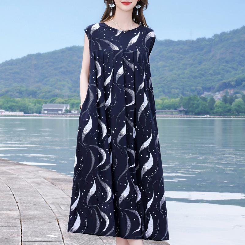Casual Beach Dresses for Woman Plus Size Loose Vintage Print Long Sleeveless Dress Summer Women's Clothing