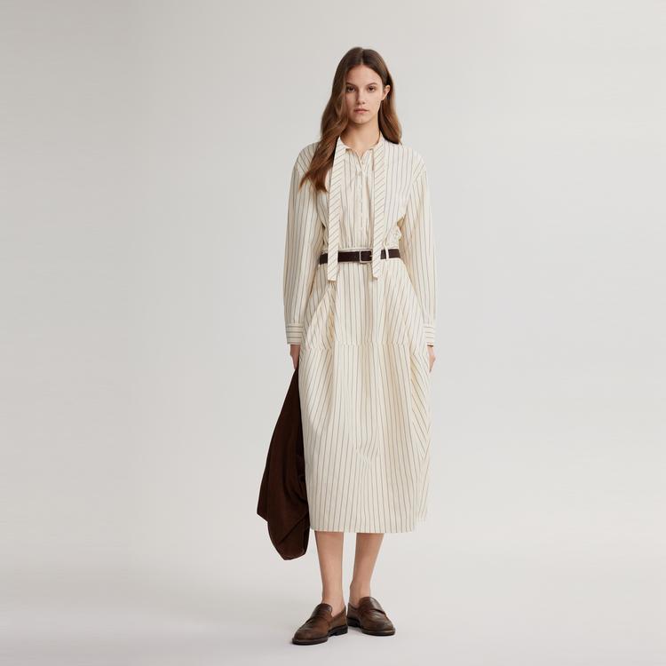 ELLE Elegant Striped Long Sleeve Dress With Waist Detail Women Dresses Beige EL49660