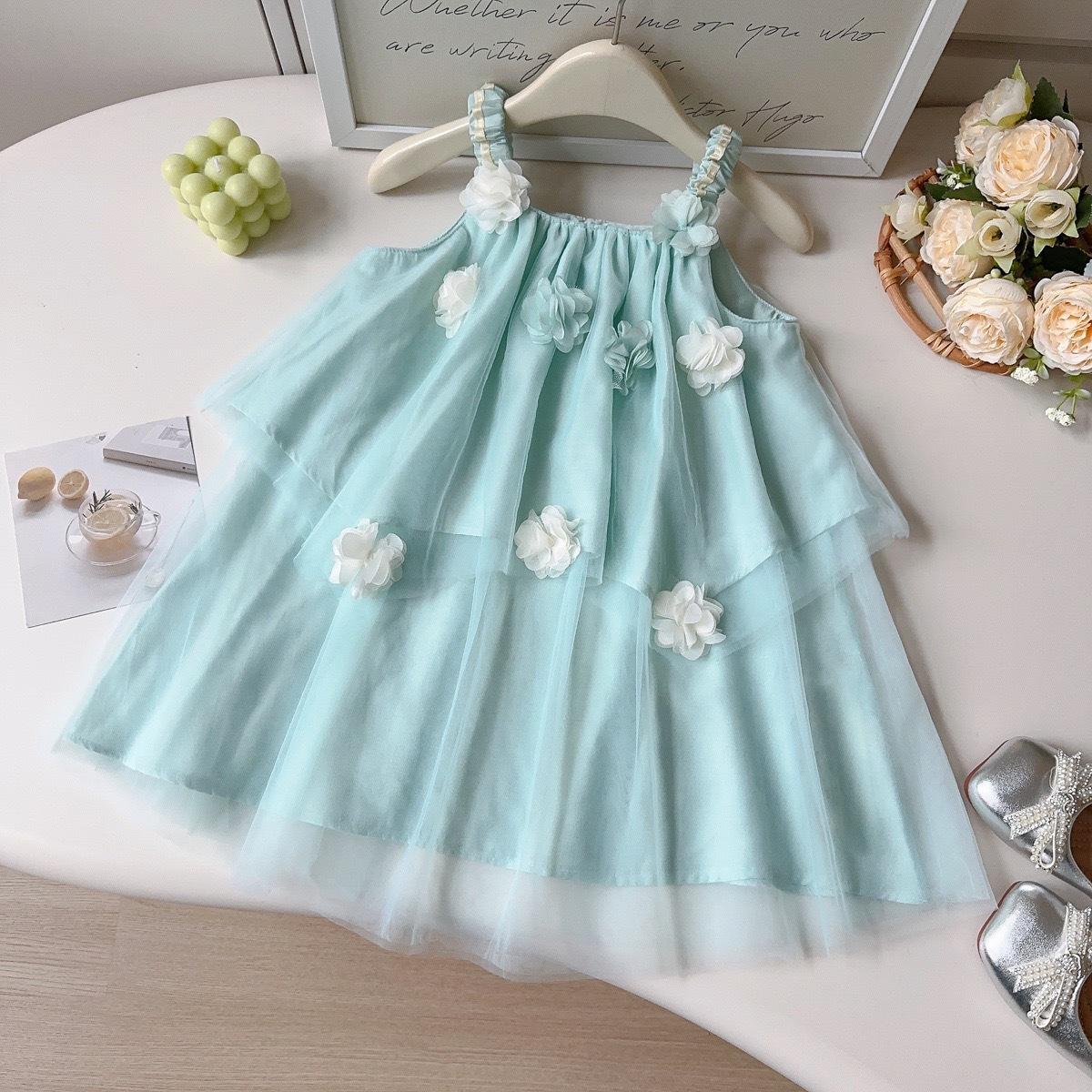 Summer Girls 3D Flower Strap Tulle Princess Dress Vacation Childrens Party Gown 90cm