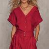 2026 Retro Solid V-neck Short-sleeve Top & Wide-leg Pants Set for Spring/Autumn