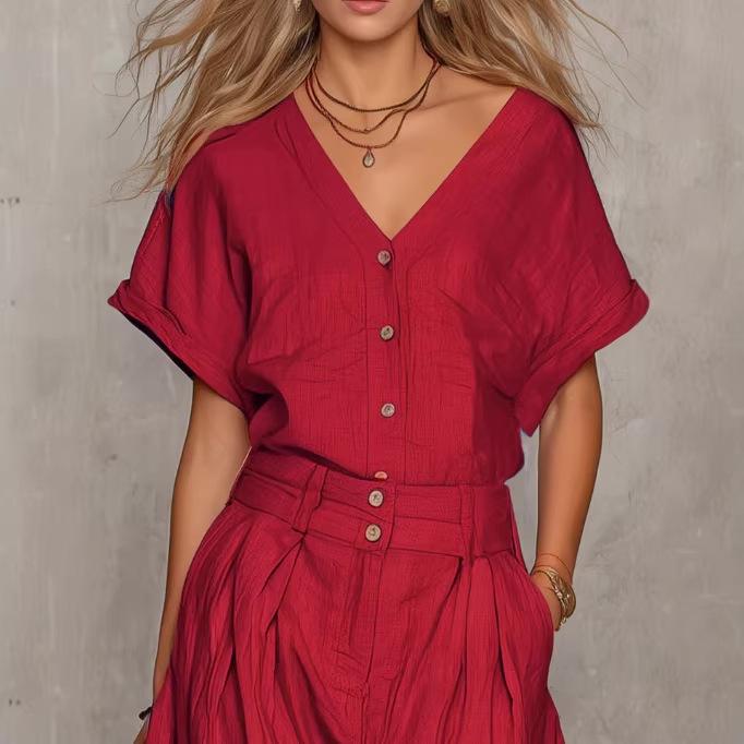 2026 Retro Solid V-neck Short-sleeve Top & Wide-leg Pants Set for Spring/Autumn