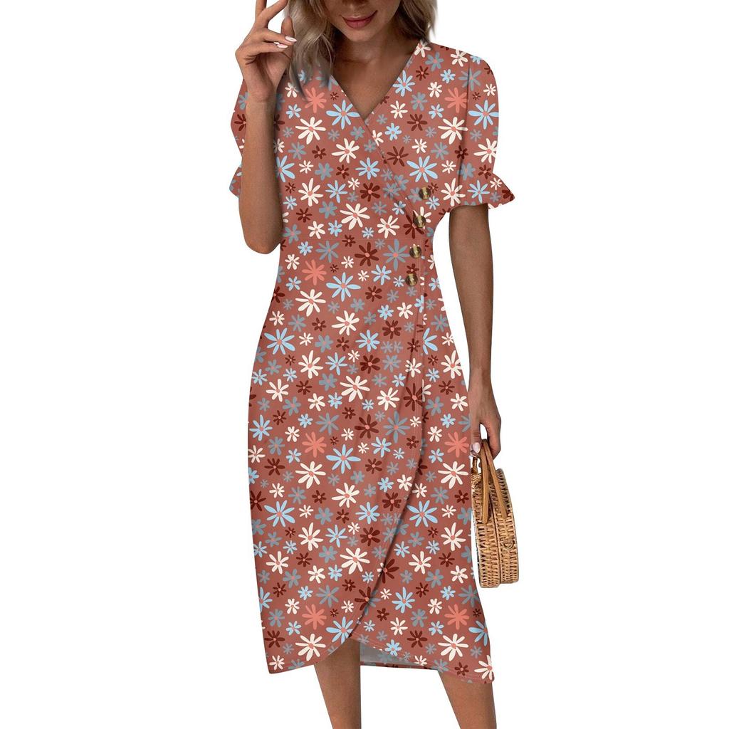 Women's V-neck Puff Sleeve Irregular Flower Print Hem Dress