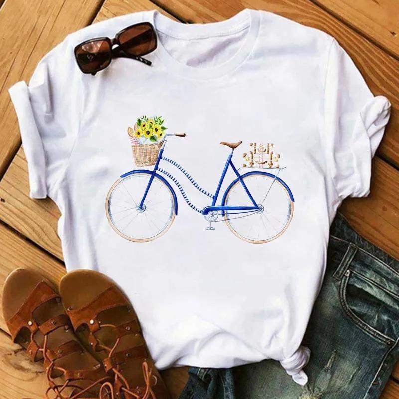 Bicycle Flower Print Tshirt Short Sleeve Round Neck Womens Dress Tops Graphic T Shirts Aesthetic Aesthetic Clothes Kawaii
