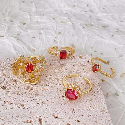 Red Colored Treasure, Gold Diamond-Encrusted Flower Opening Ring, Light Luxury Retro Niche Design, Personalized High-End Ring Woman