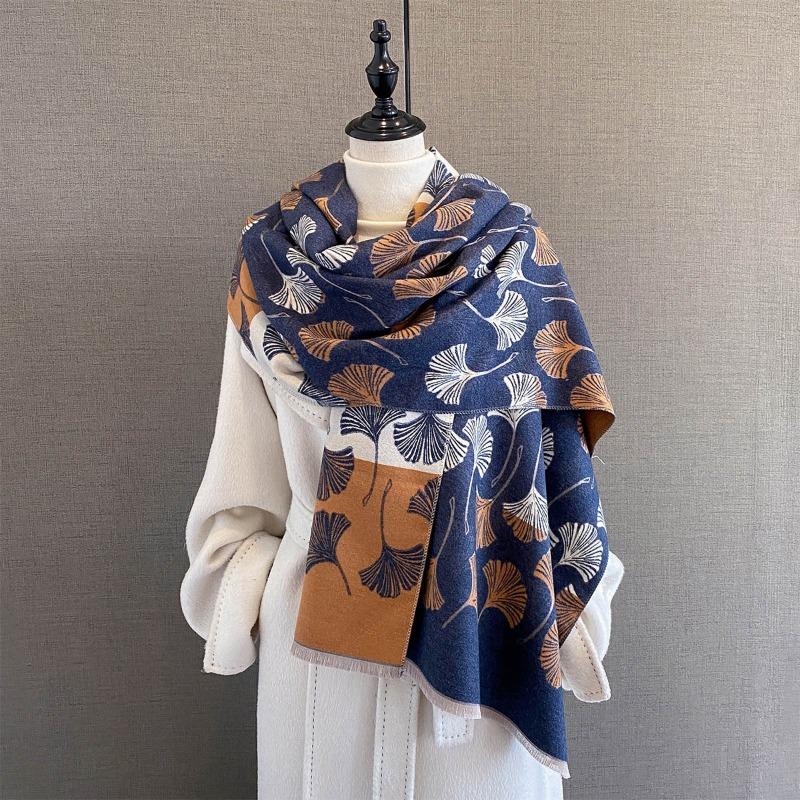 Vintage Ginkgo Leaf Jacquard Scarf Women Thick Warm Faux Cashmere Neck Scarf