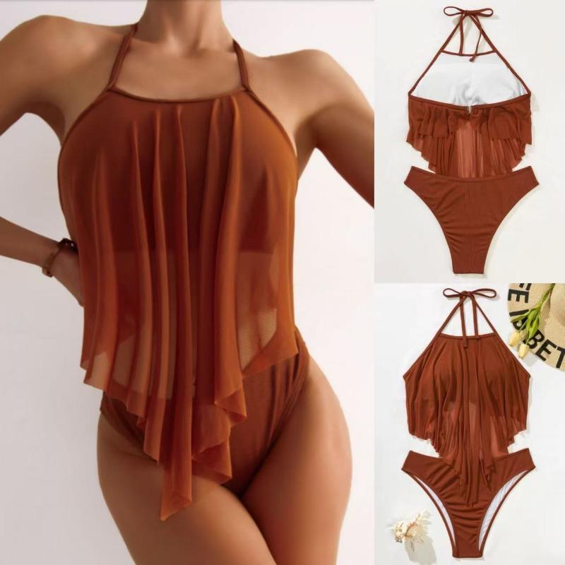 Damen Brauner Gerippter Neckholder Badeanzug mit Durchsichtigem Netz-Überzug