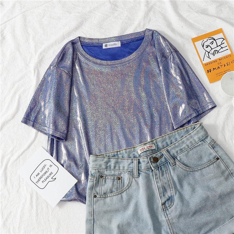 Summer New Korean Mid Length Blingbling Top Short Sleeved T-shirt for Women