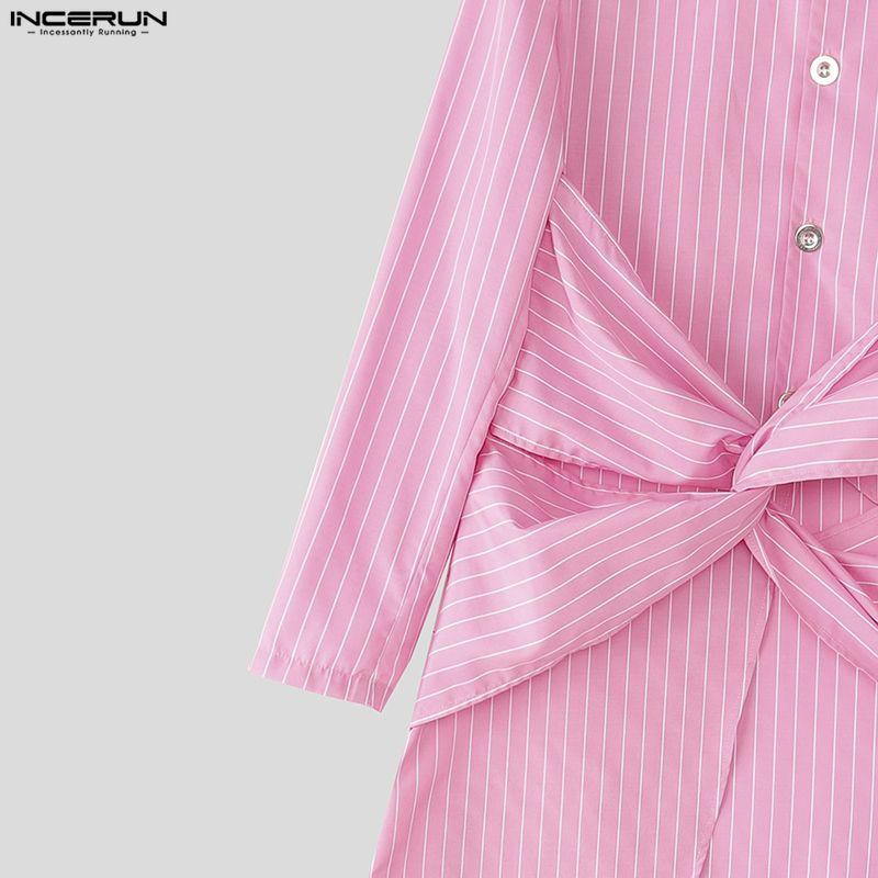 INCERUN Men Stand Neck Long Sleeve Striped Splits Irregular Hem Long Tunic Shirts Tops