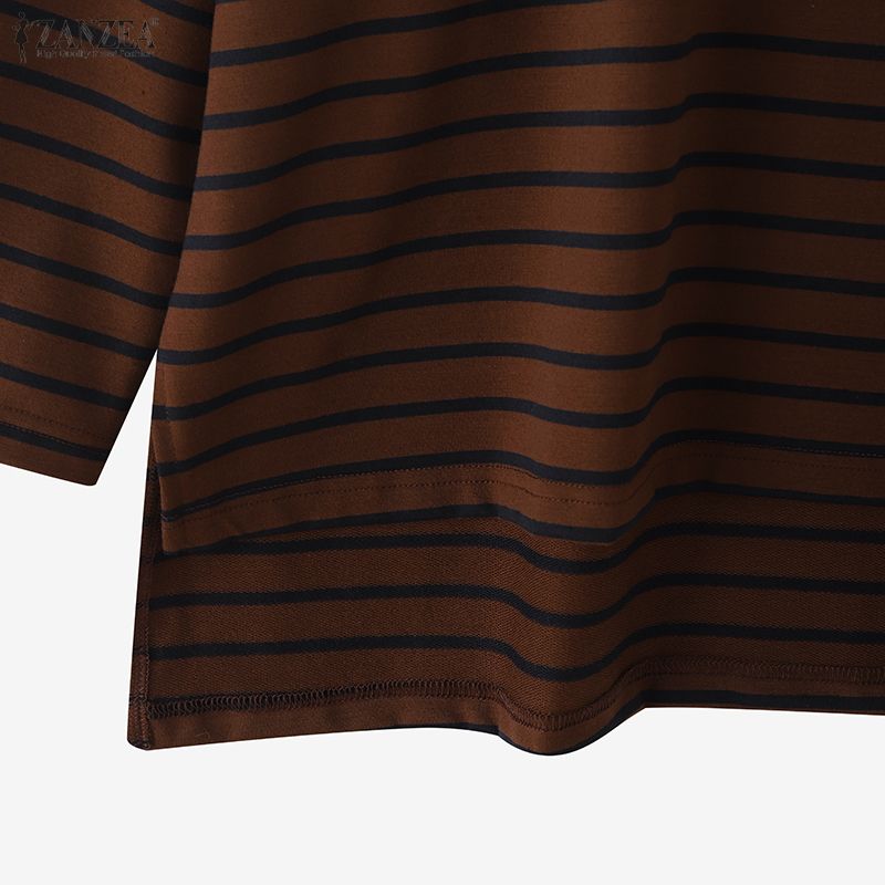 ZANZEA Women Irregular Hem Casual Round Neck Stripe Long Sleeve Blouse