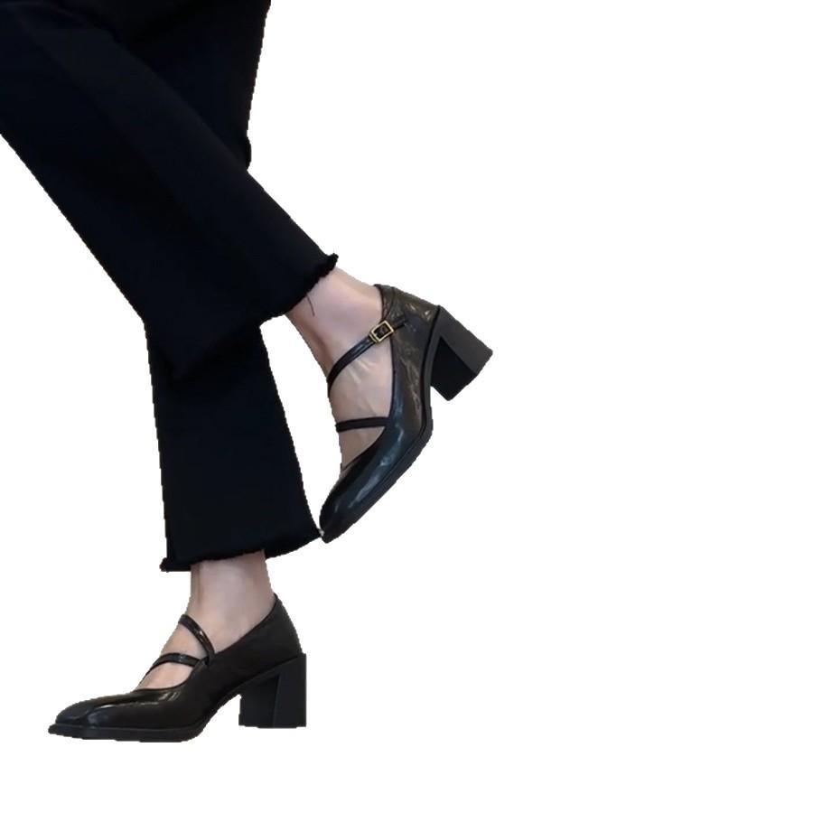 Sheepskin version~ Mary Jane high heels women's thick heels professional commuting comfortable versatile small leather shoes cross strap single shoes
