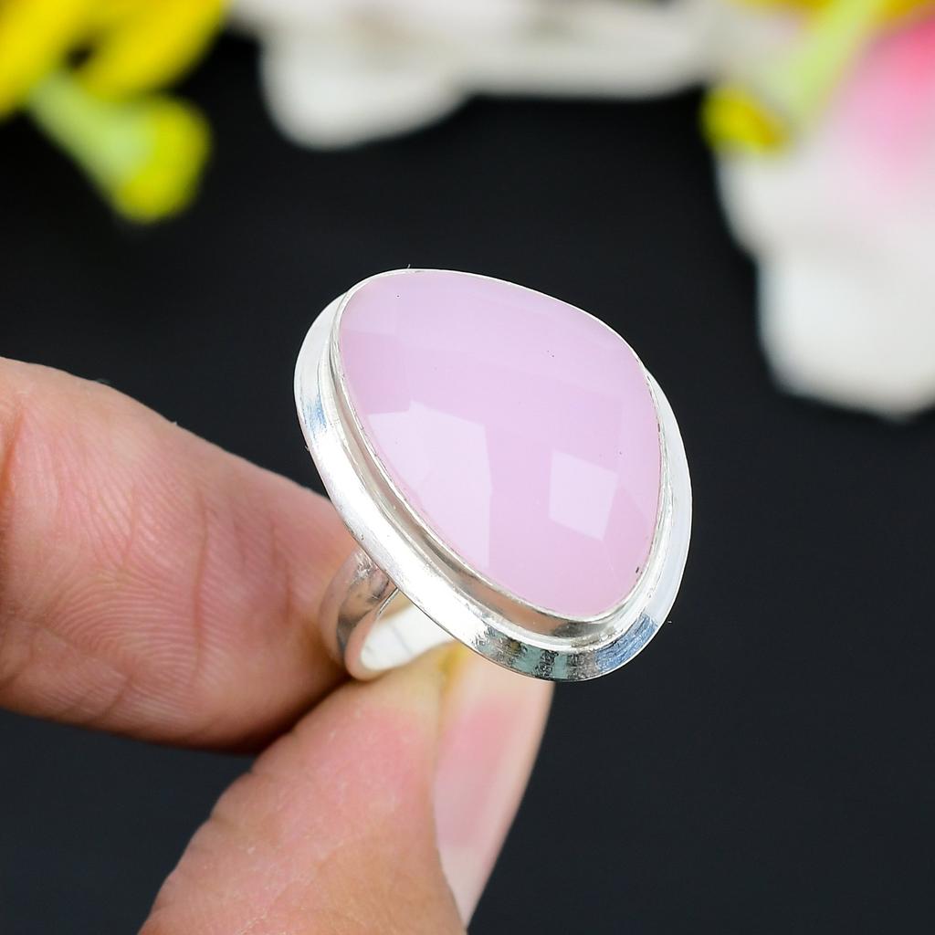 Pink Chalcedony Gemstone Handmade 925 Sterling Silver Jewelry Ring Size 9 KG-334