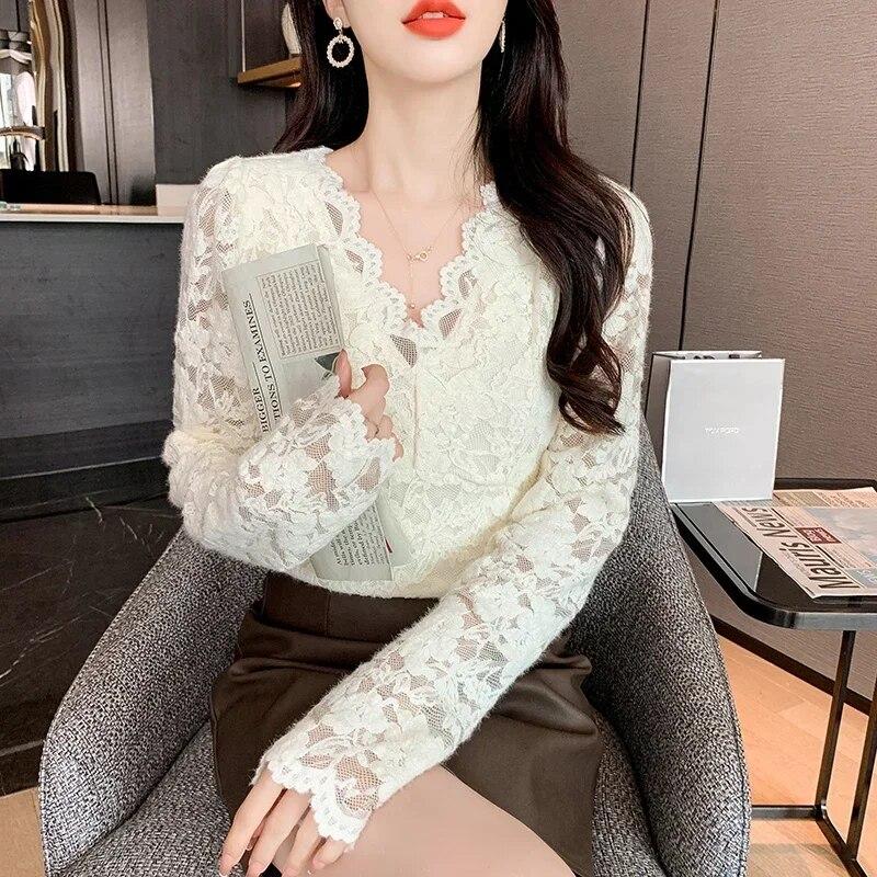 Podzimní ležérní vlnění skládané kancelářské topy Módní flare Krajková košile s dlouhým rukávem Zimní háček Květina Blusas s dutým výstřihem do V 29902