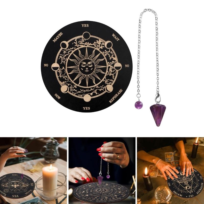 Divination Metaphysical Message Board Wooden Pendulum Board with Crystal Dowsing Pendulum Necklace Witchcrafts Supplies
