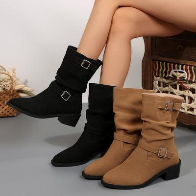 Dámské umělé semišové kovbojské kozačky Cowgirl Westernové kozačky s kulatou špičkou Kotníkové kozačky do poloviny lýtek pro ženy Robustní blokový podpatek Skluz na vycházkové krátké kozačky