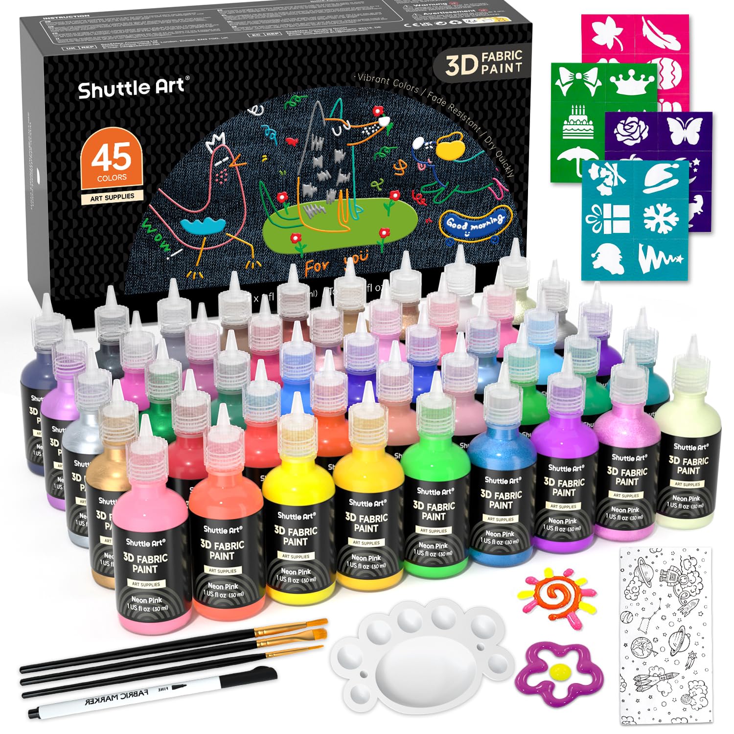 Shuttle Art Vopsea 3D pentru Textile 45 30ml Metalic și Paletă Perfect pentru DIY și Set Cadou, Culori, fiecare, Culori, Lavabil, Durabil, Pensulă, Șablon,
