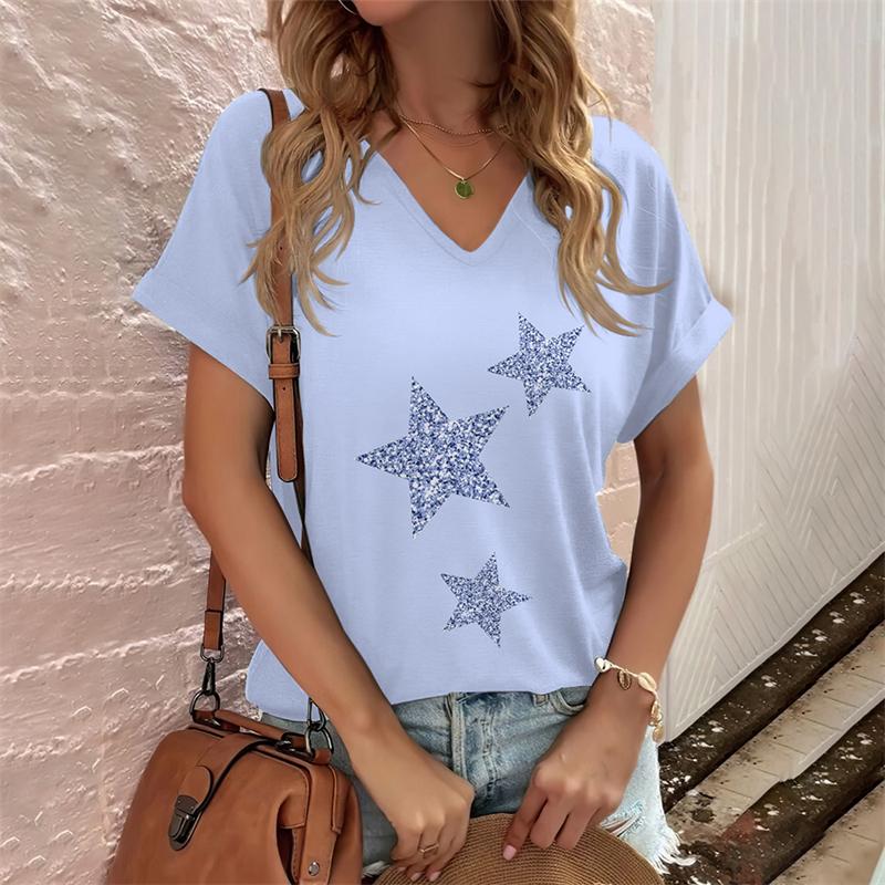 Fashion V-neck Women's T-Shirts Funny Five-Pointed Star Printed T Shirt For Women Summer Hot Sale Short Sleeve Casual Loose Tops