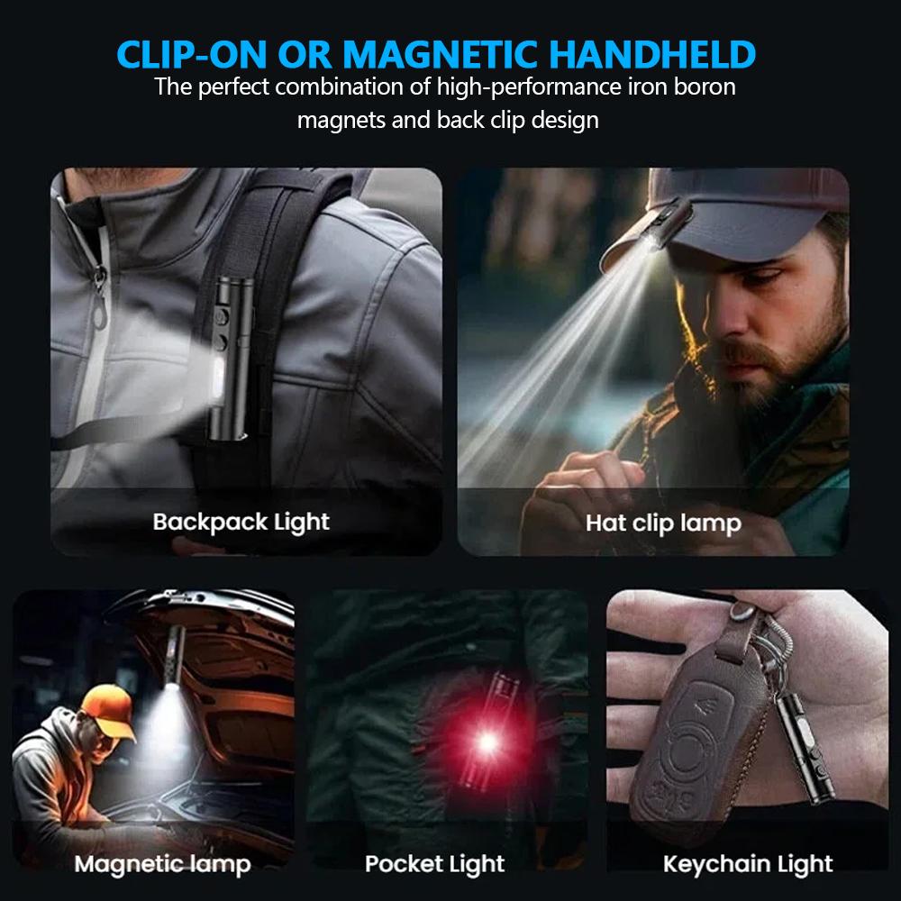 Mini LED Flashlight Magnetic Keychain Lamp Waterproof Type-C Charging Clip Light Outdoor Camping Hiking Torch