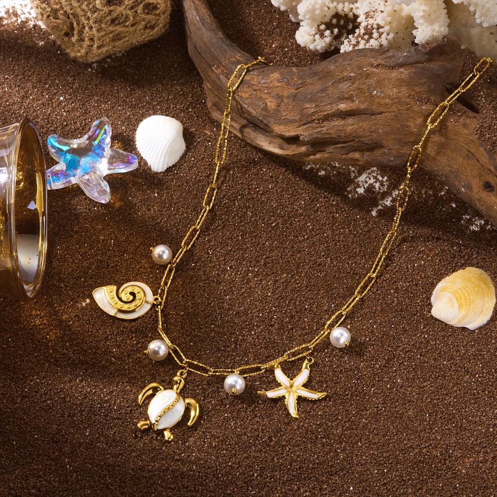 Boho Stainless Steel Ocean Turtle Starfish Necklace for Women Imitation Pearl Pendant Chain Summer Vacation Party Jewelry Gift