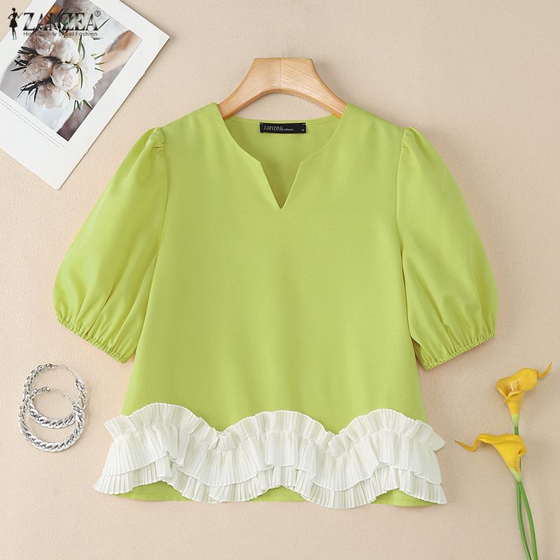 ZANZEA Women Casual V-Neck Summer Short Sleeve Splice Blouse