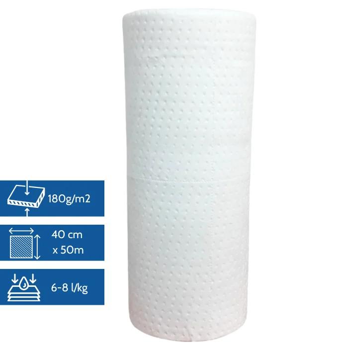 Hydrophobic Oil Absorbent Mat In A Roll X 50M, 180G/M2, White, Highly Absorbent