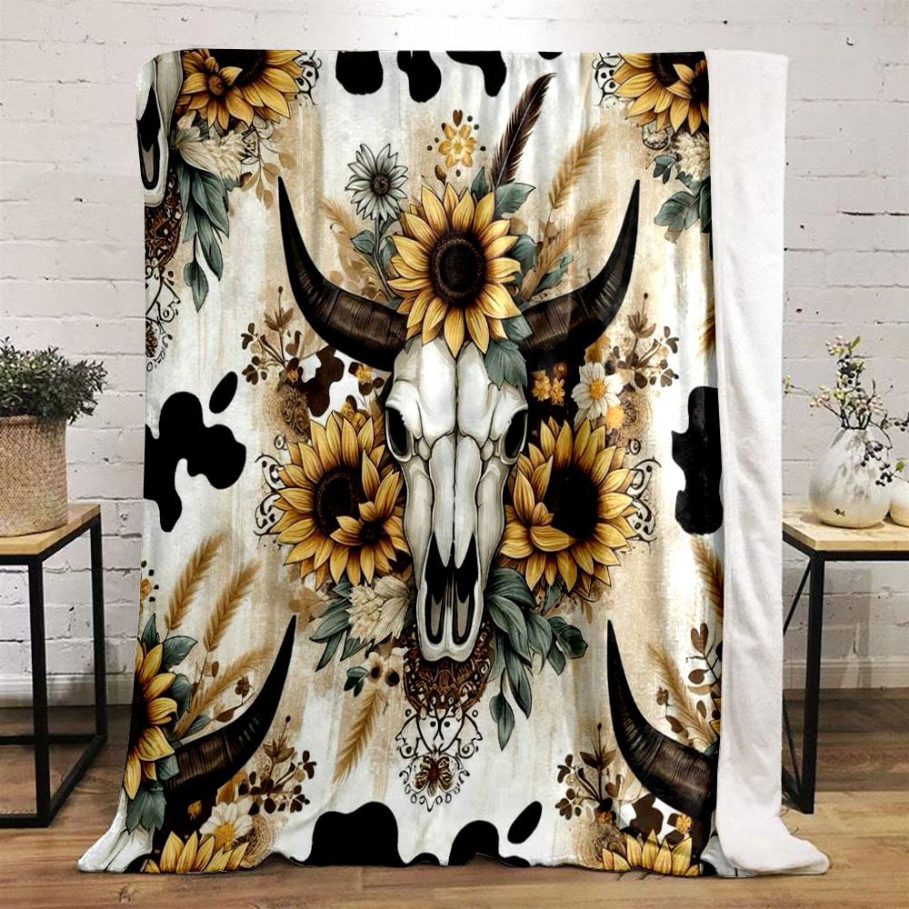 Boho Cow Skull Sunflower Blanket Bedroom Blanket for Livingroom Couch Lunch Break Soft Throw for Friend's Festival Gift