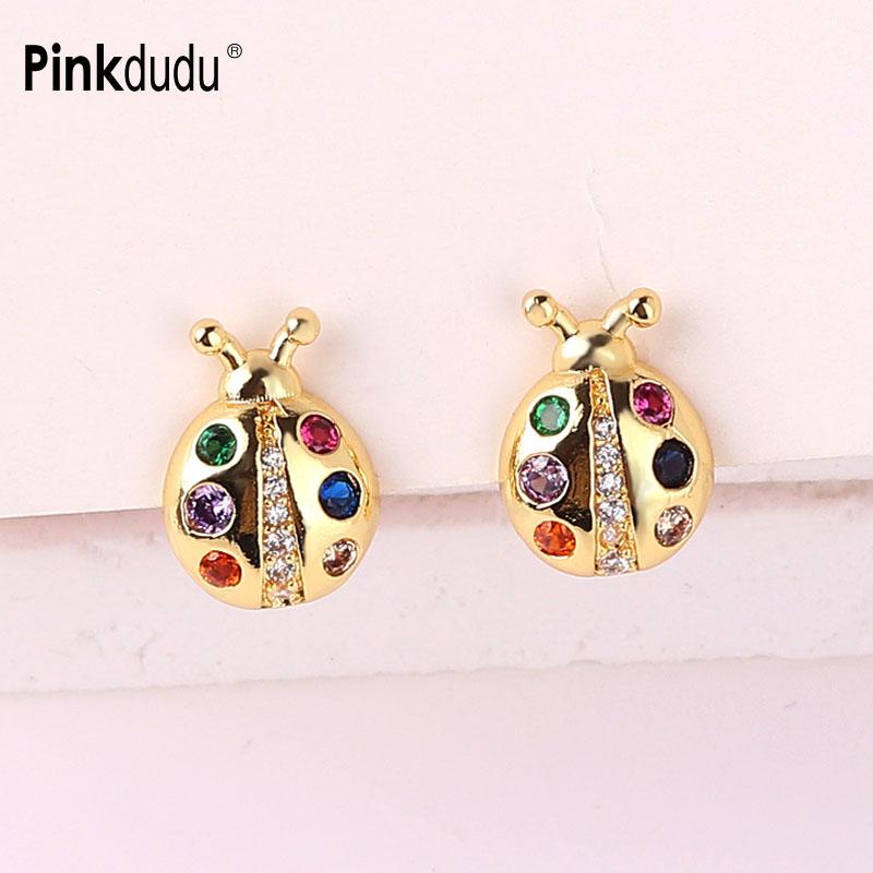 

Pinkdudu милые красочные серьги-гвоздики с божьей коровкой, минималистичные серьги-гвоздики со стразами для женщин, ювелирные изделия, подарки PD1847