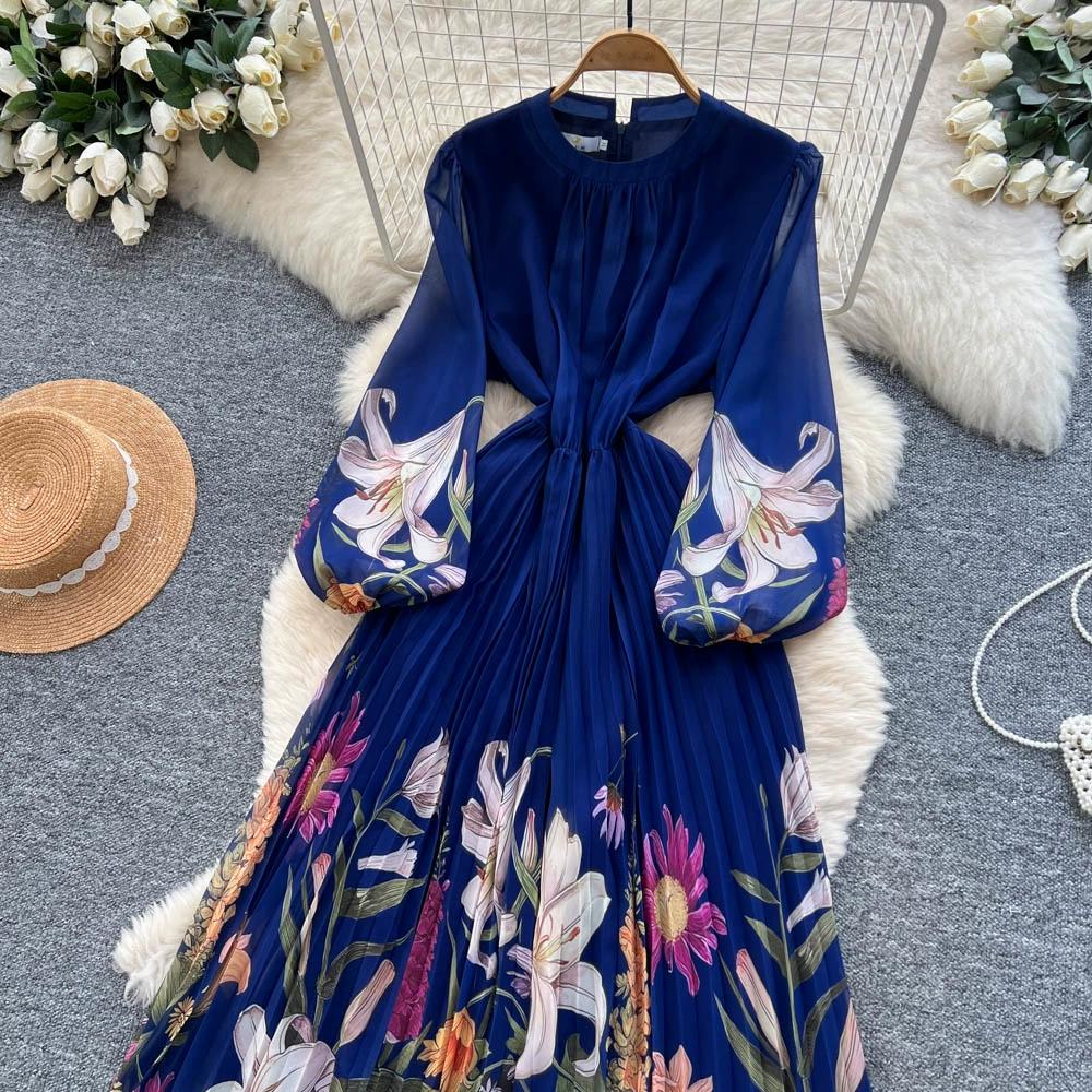 Hochwertiges bedrucktes Kleid für Damen Frühling Herbst A Schlank machende Taille und elegantes plissiertes langes Damenkleid