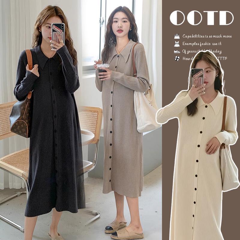 2025 High-End French Style Autumn Maternity Knit Dress with Sweet Doll Collar 2XL
