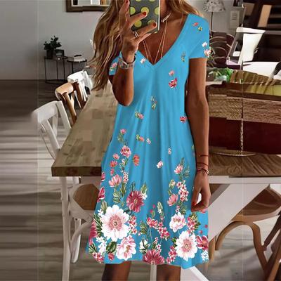 Kadın Yazlık Günlük V Yaka Çiçek Baskılı Tatil Tek Parça Elbise