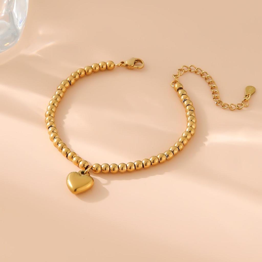 Stainless Steel Heart & Round Bead Gold Bangle Bracelet for Women