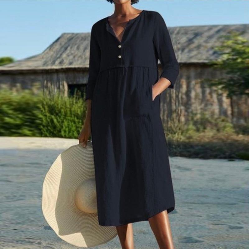 Explosion Style Loose Dress Summer Regular Sleeves Single-breasted Cotton and Linen Summer Casual Women's Clothing