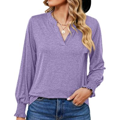 Top de cor sólida outono inverno para mulheres com decote em V solto manga comprida camiseta casual
