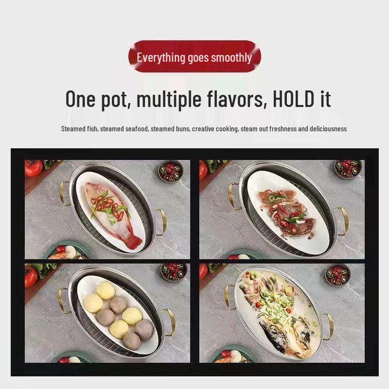 304 Stainless Steel Oval Steamer Pot, 38cm, Large Capacity, Induction Compatible, Multifunctional Steamer Basket for Fish.