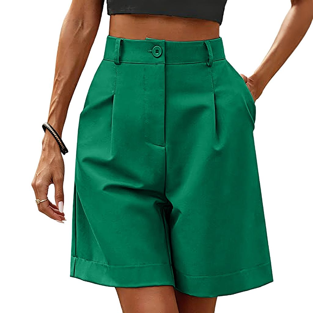 High Waist Casual Women's Shorts with Button Closure and Pockets Relaxed Fit Mid-Thigh Length Summer Bottoms for Everyday Wear