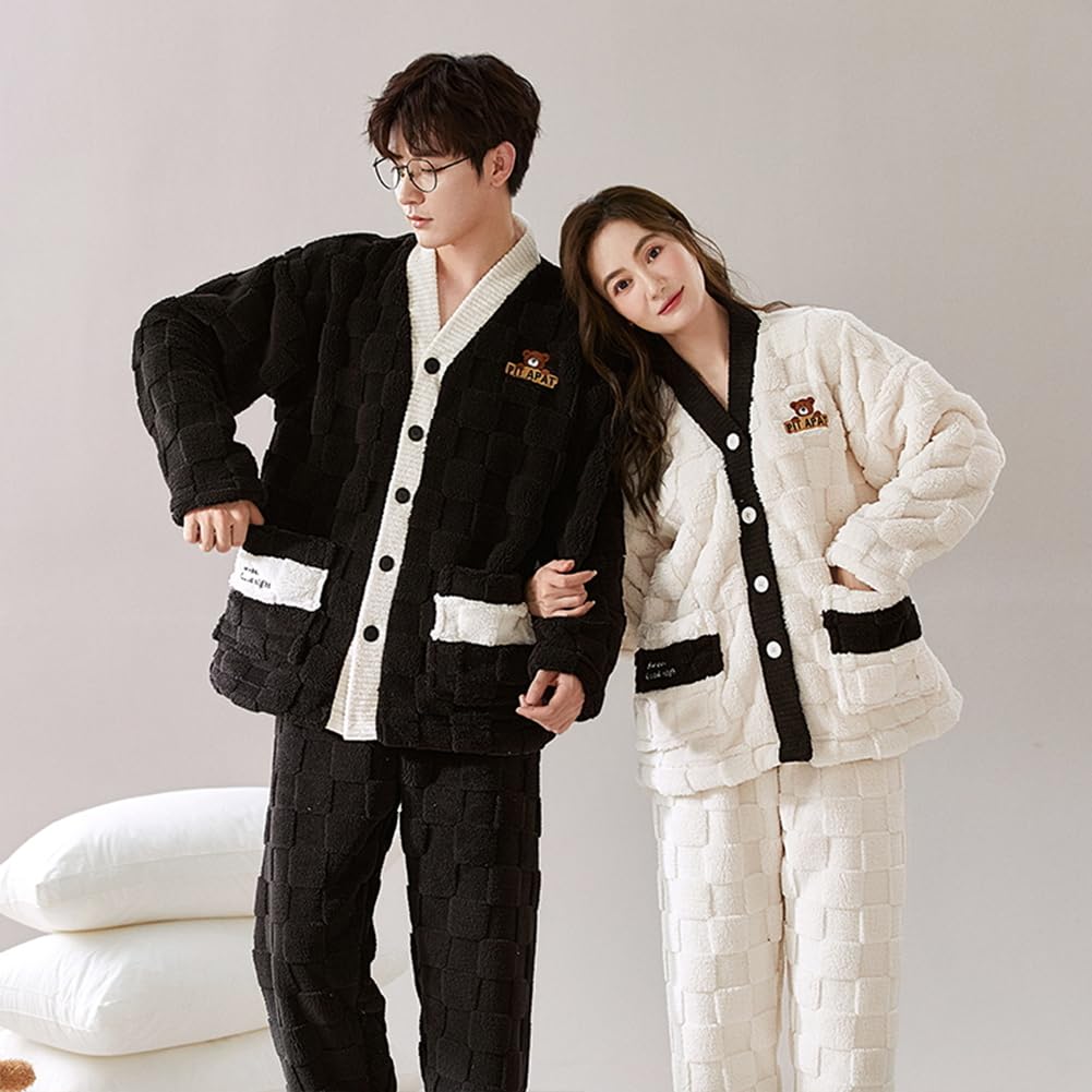 Matching Fluffy Loungewear Set for Winter Perfect as a Plus Sizes Cute D.IIZOO Pajamas, Couples, Open-Front Loungewear, Gift, Available, (L, Black)
