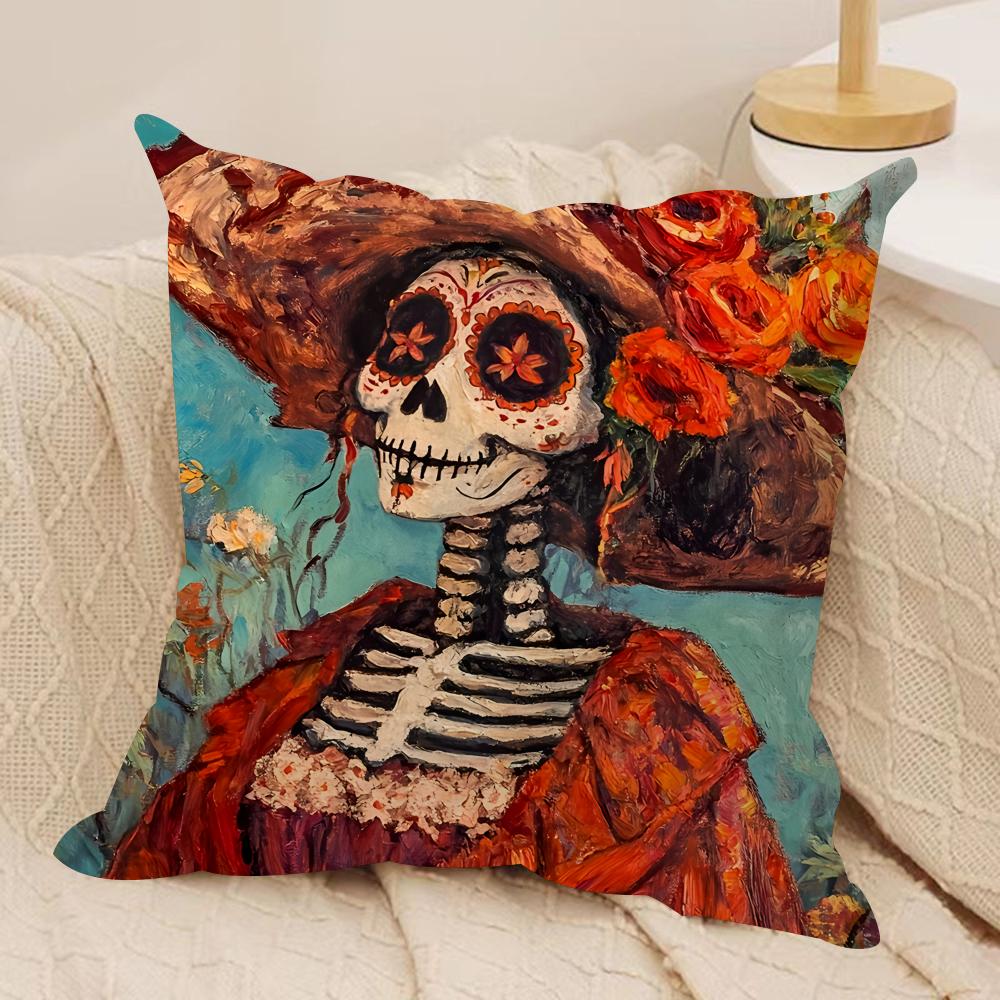 Abstract Day Of The Dead Cushion Cover Silky Short Plush Invisible Zipper Dustproof Sofa Pillow Case For Home Decor