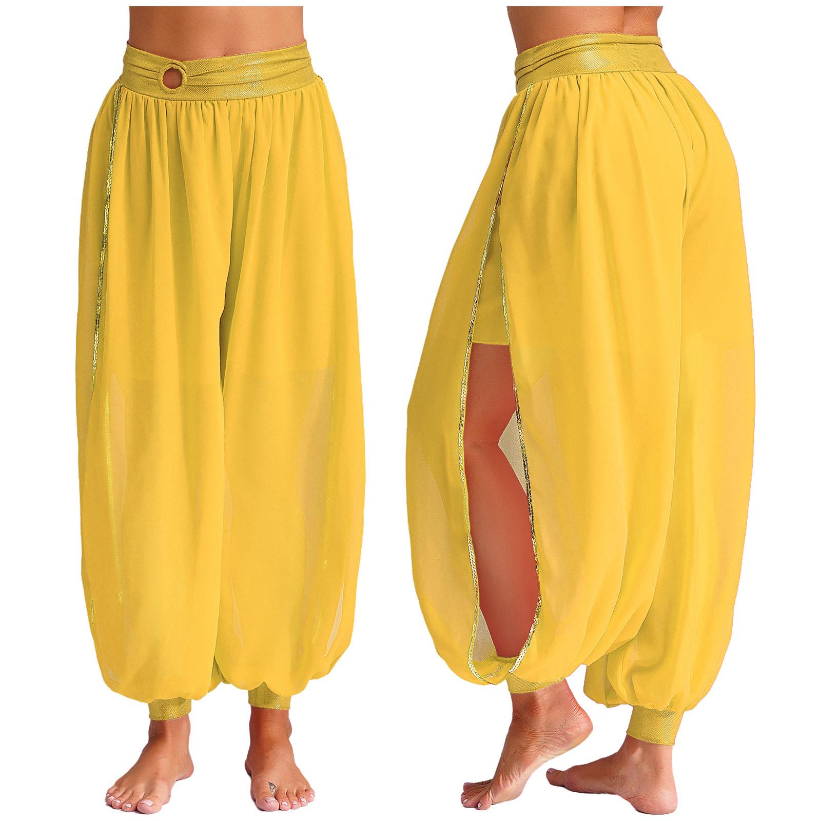 

Жіночий танець живота, панталони з шифоновими штанами, рюшами та поясом, бічним розривом, карнавальний костюм One Size жовтий