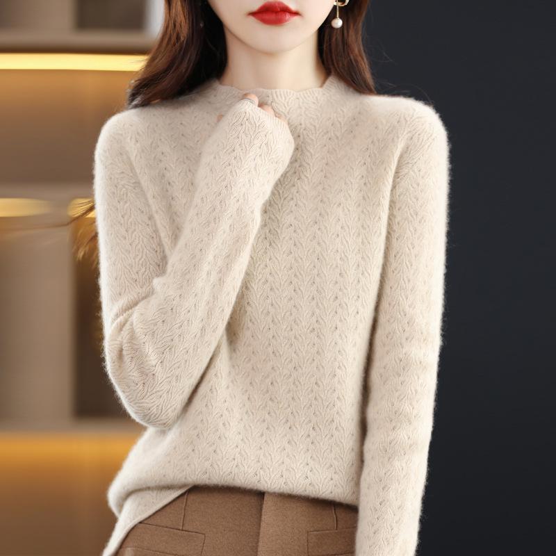 Women's Retro Wool Knit Hollow Out Sweater - Autumn/Winter Long Sleeve Half High Neck Pullover.