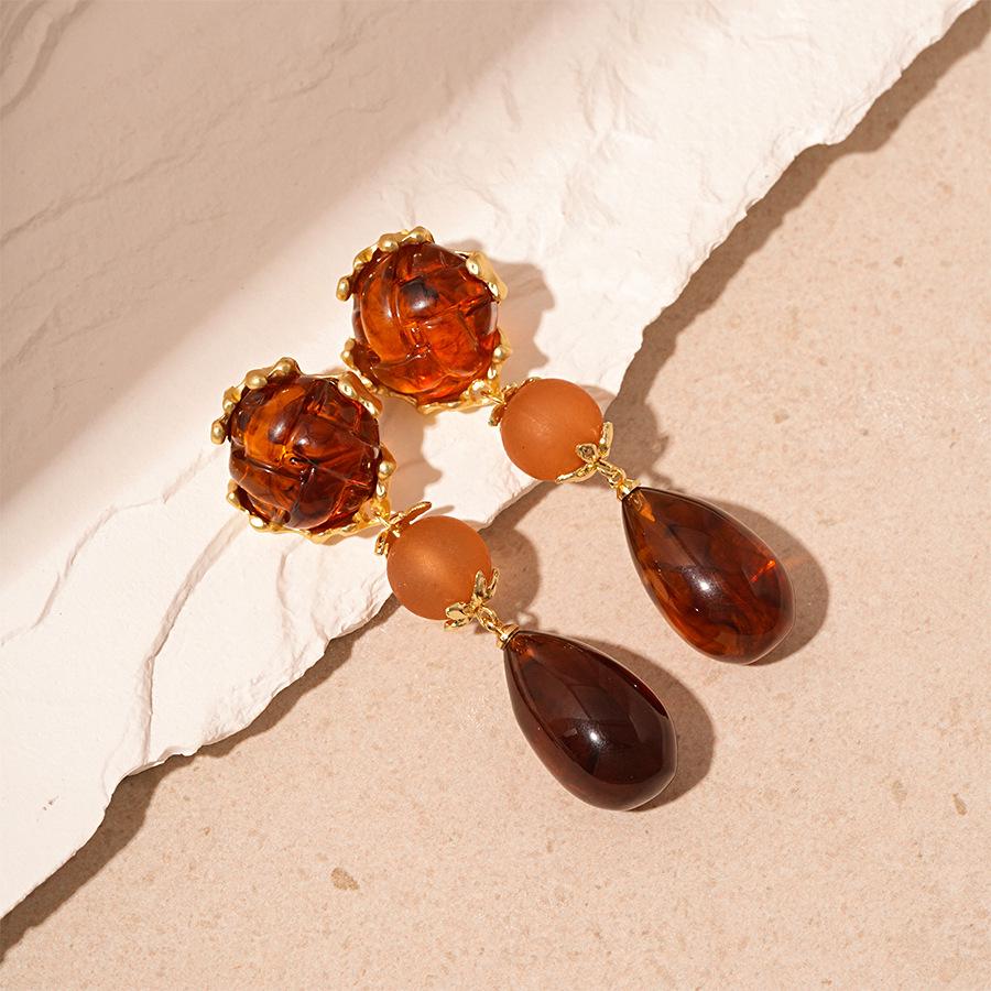 Coffee-Colored Wooden Bead Teardrop Tassel Earrings In Retro Ethnic Style
