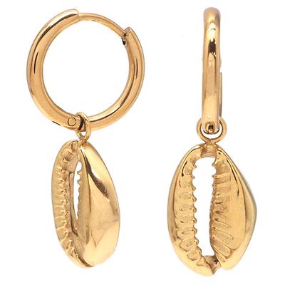 [Q8553] - Gold 'Cowrie' Steel Designer Hoop Earrings - 13 Mm - 15x10 Mm