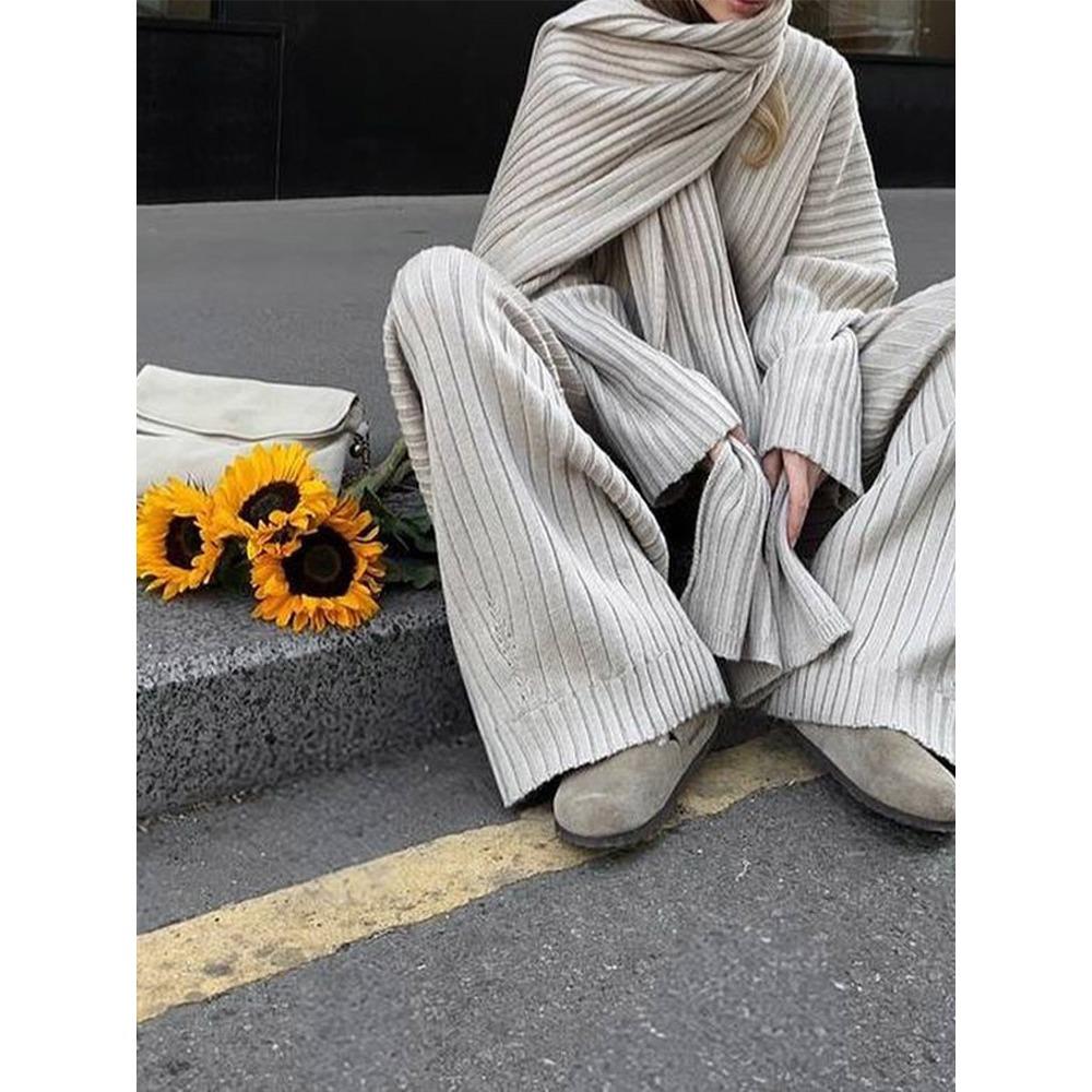 Autumn and Winter Wool Suit Women's Autumn and Winter High-end Sense Solid Color V-neck Sweater Straight Trousers Two-piece Set Women